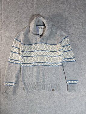 Mexx Italy Made Fair Isle Nordic Shawl Collar Knit Sweater Grey Blue Mens XS